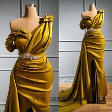 Элегантные Сатиновые вечерние платья с разрезом и бисером в складку, Vestidos De Fiesta De Noche Robe De Soiree размера плюс