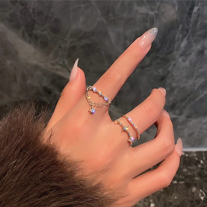 

VENTFILLE 925 Sterling Silver Star Diamond Open Ring Female Japanese Light Luxury Personality Proposal Double Chain