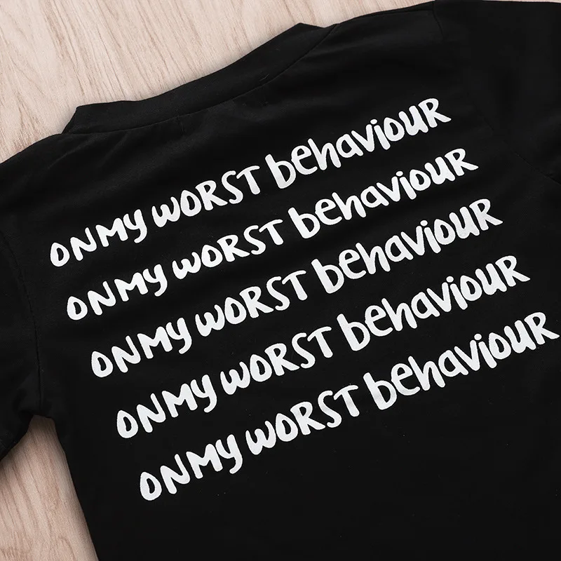 Черная футболка летние топы для мальчиков с надписью «My nastest Behavior», футболки для новорожденных девочек с надписью, летняя одежда Топ унисекс