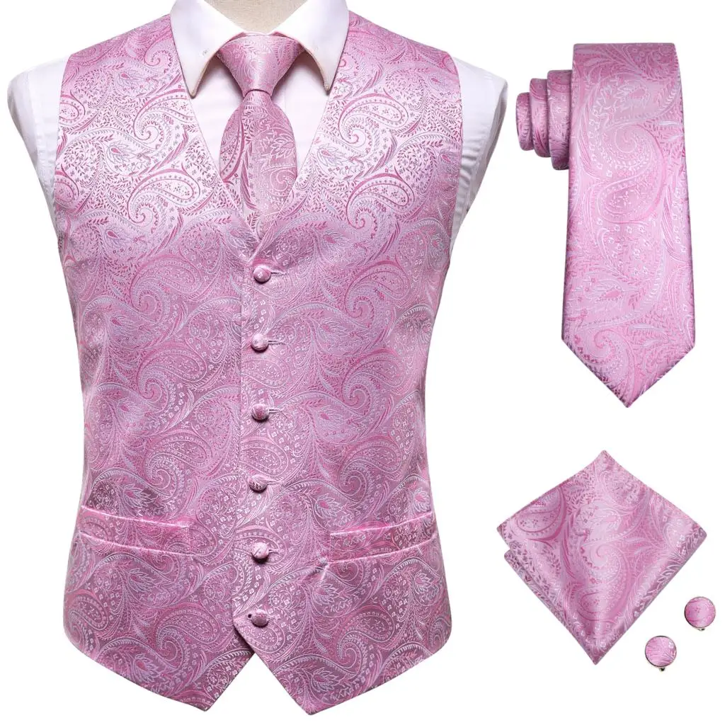 Hi-Tie Silk Mens Suit Vests 4PC Jacquard Waistcoat Tie Hankerchief Cufflinks Set Paisley Floral Blue Navy Pink Red Green Gold men blazer