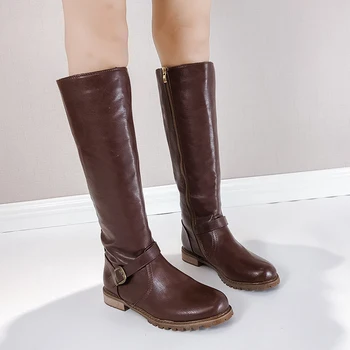 

Plus Size 35-53 Nice New Women Knee High Boots Low Heels Winter Soft Buckle Shoes Woman Classics Female Casual PU Rain Boot