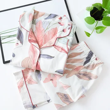 

Autumn New Ladies Pajamas Set Floral Printed Full Cotton Fresh Style Sleepwear Set Women Turn-down Collar Female Casual Homewear