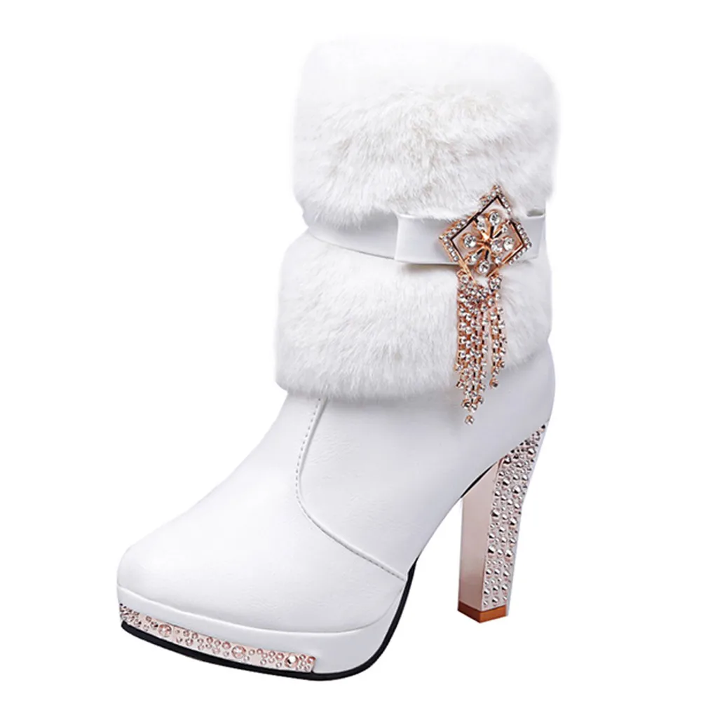 

JAYCOSIN Women Plush Rhinestone Middle Tube Leather Crystal Boots Zipper Square High Heels Shoes Women winter warm boots aug 26