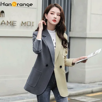 

Gray Color Matching Stitching Women Long Blazer Top 2020 Spring Autumn Loose Casual Design Sense Small Suit Jacket