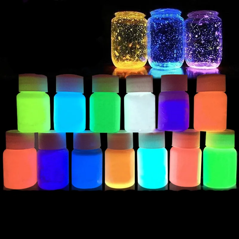 Polvo de fósforo neón ecológico, pigmento luminoso de polvo fluorescente que brilla en la oscuridad, 12 colores, 10 gramos