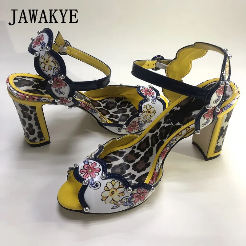 Retro print Flower Peep toe Chunky Heels Sandals Women Leopard Leather High heel Shoes Summer Party Shoes Woman Zapatos de Mujer