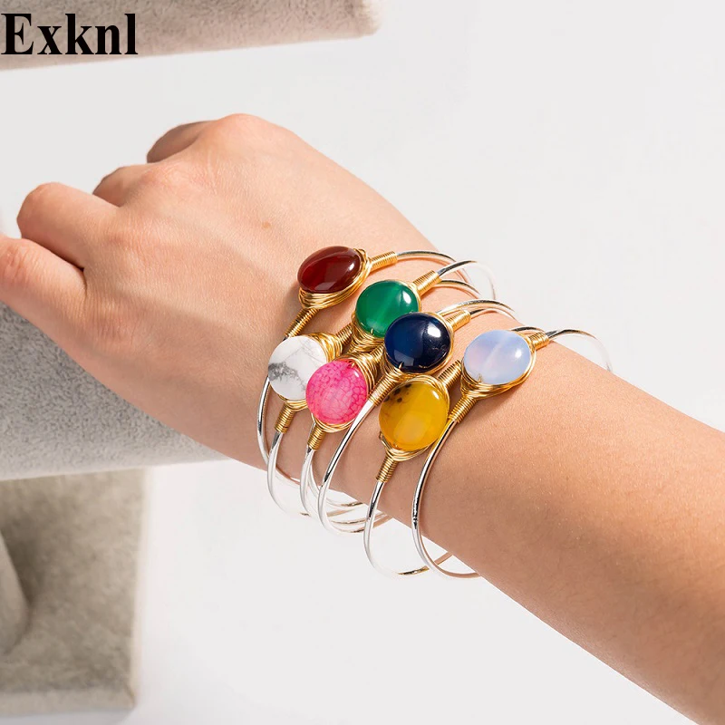 

Exknl Brand 2019 Silver Color Bangles Colorful Natural round Stone Cuff Bangle Bracelet for Women Fashion Jewelry New
