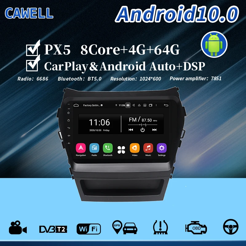 Cawell навигация andriod10 px5 8 ядерный FM AM радио плеер 4 ГБ 64 carplay Wi-Fi bluetooth RDS DSP OBD система