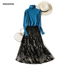 INNASOFAN, трикотажная женская юбка, Осень-зима, плиссированная юбка, высокая талия, модная, высокая, шикарная, длинная юбка