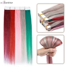

S-noilite Natural Hair Extension 2.5g/pc Tape In Human Hair Extension Red 5 in 1 Colorful Highlight Adhesive Invisible Extension