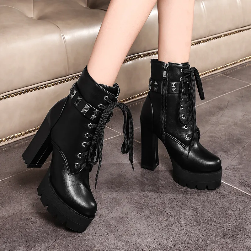 

YMECHIC Autumn Winter Punk Gothic Rock Lace Up Block High Heels Platform Woman Shoes Black Rivets Strap Ankle Boots Plus Size 43