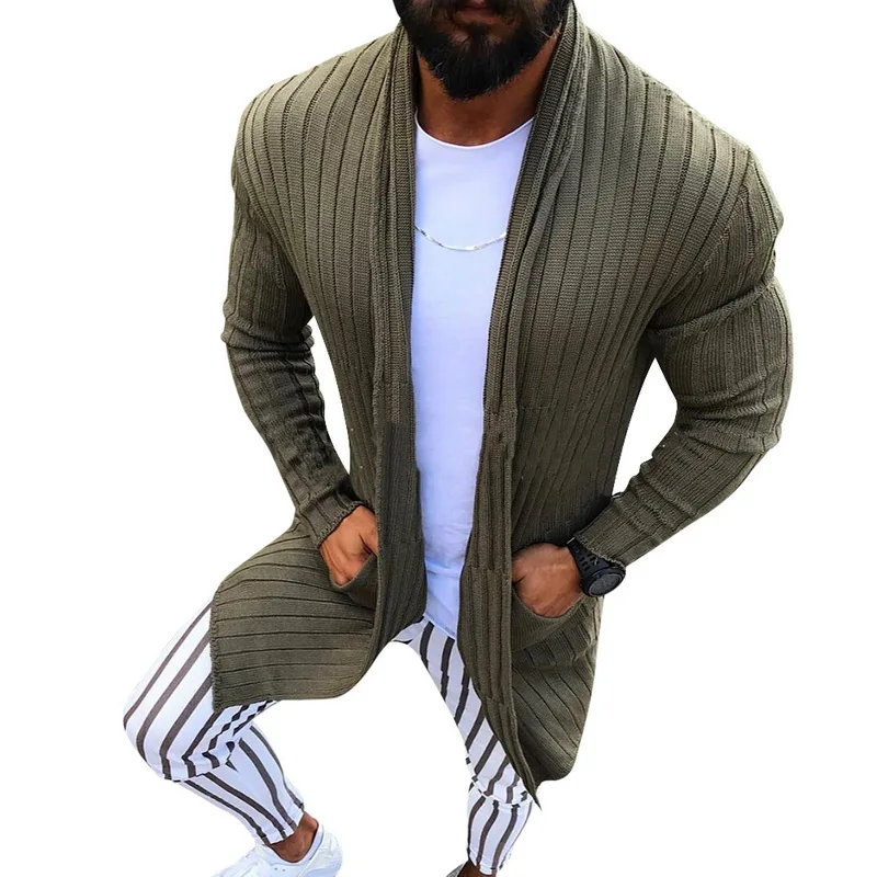 

SHUJIN Cardigan Men Long Sleeve Striped Midi Sweater Coat Pocket Winter Autumn Casual Solid Color Cardigans Pull Homme Hiver