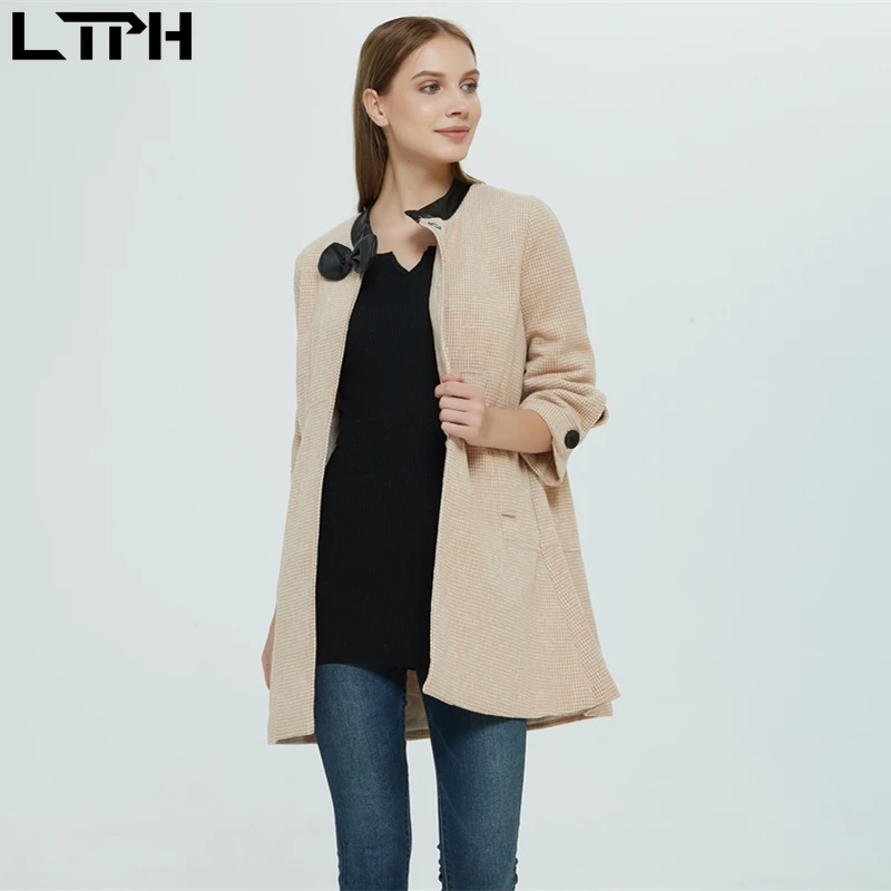 LTPH горячая Распродажа осенне-зимнее Новое Женское пальто с бантом из искусственной кожи с вышивкой в ломаную клетку однобортная Корейская версия свободного плаща