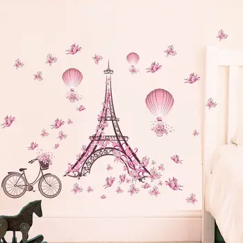 

Romantic Paris Eiffel Tower Wall Sticker Kids Bedrooms Floral Butterfly Fairy Wall Art Decal Home Decor Mural Wallpaper Sticker