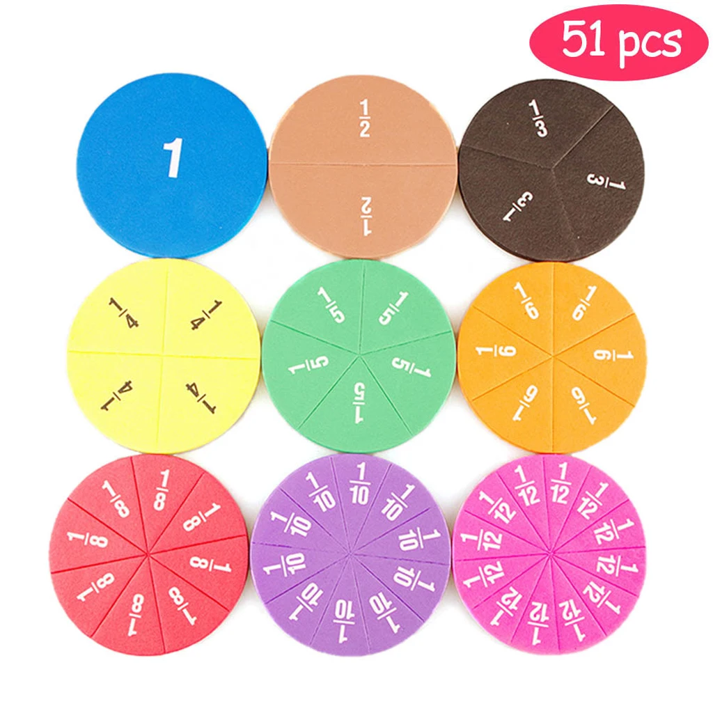 51 Piece Circular Fractions Kids Early Education Math Toy without Magnetic