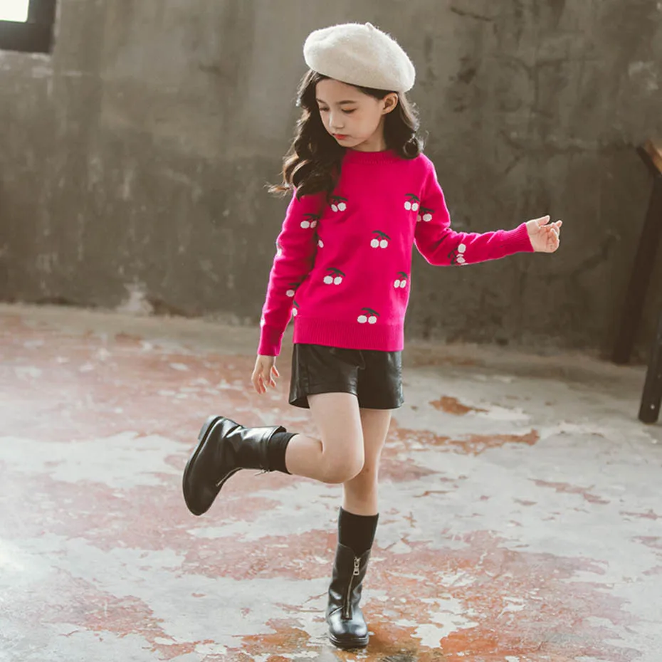 Girls Sweaters Cherry Floral Girl Sweater O-Neck Knitted Children's Jumpers Autumn Preppy Style Child Clothing For Girls School - Цвет: As Picture