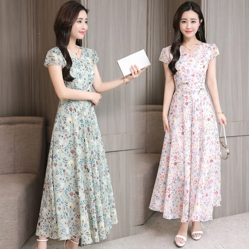 

2018 Summer New Style Korean-style Slim Fit Slimming Short Sleeve Waist Hugging Printed Dress Mid-length Chiffon Dress Women's