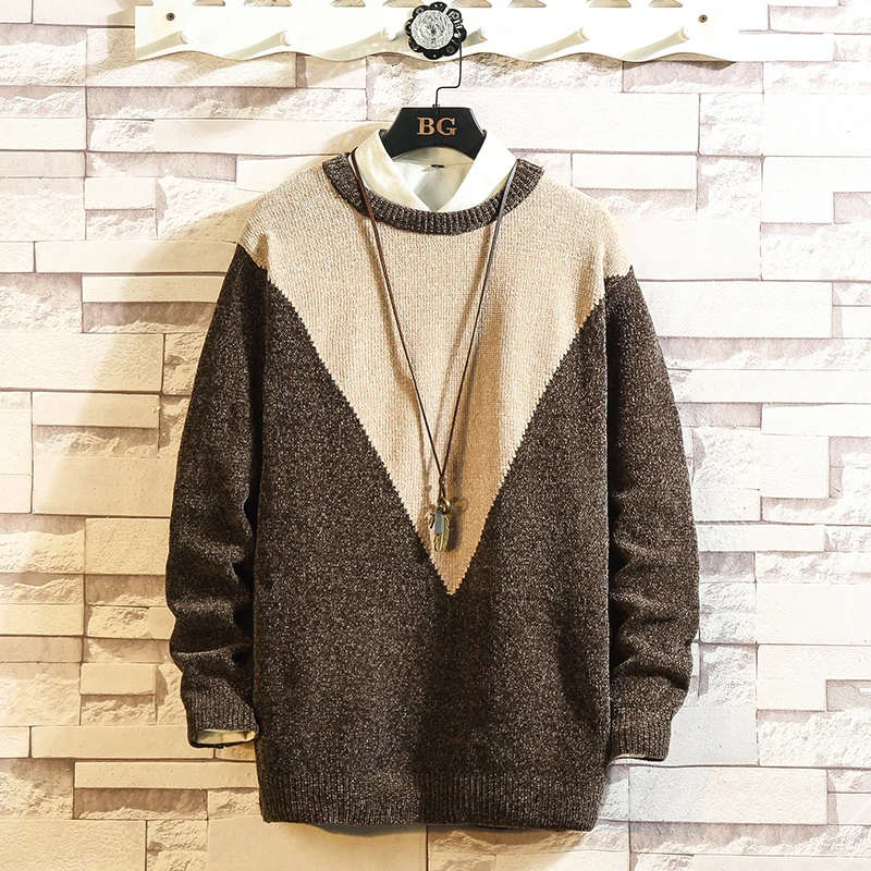 

Winter Sweater Men's Warm Slim Fashion Contrast Color Stitching Casual Knit Sweater Man Wild Long-sleeved Pullover Men Clothes