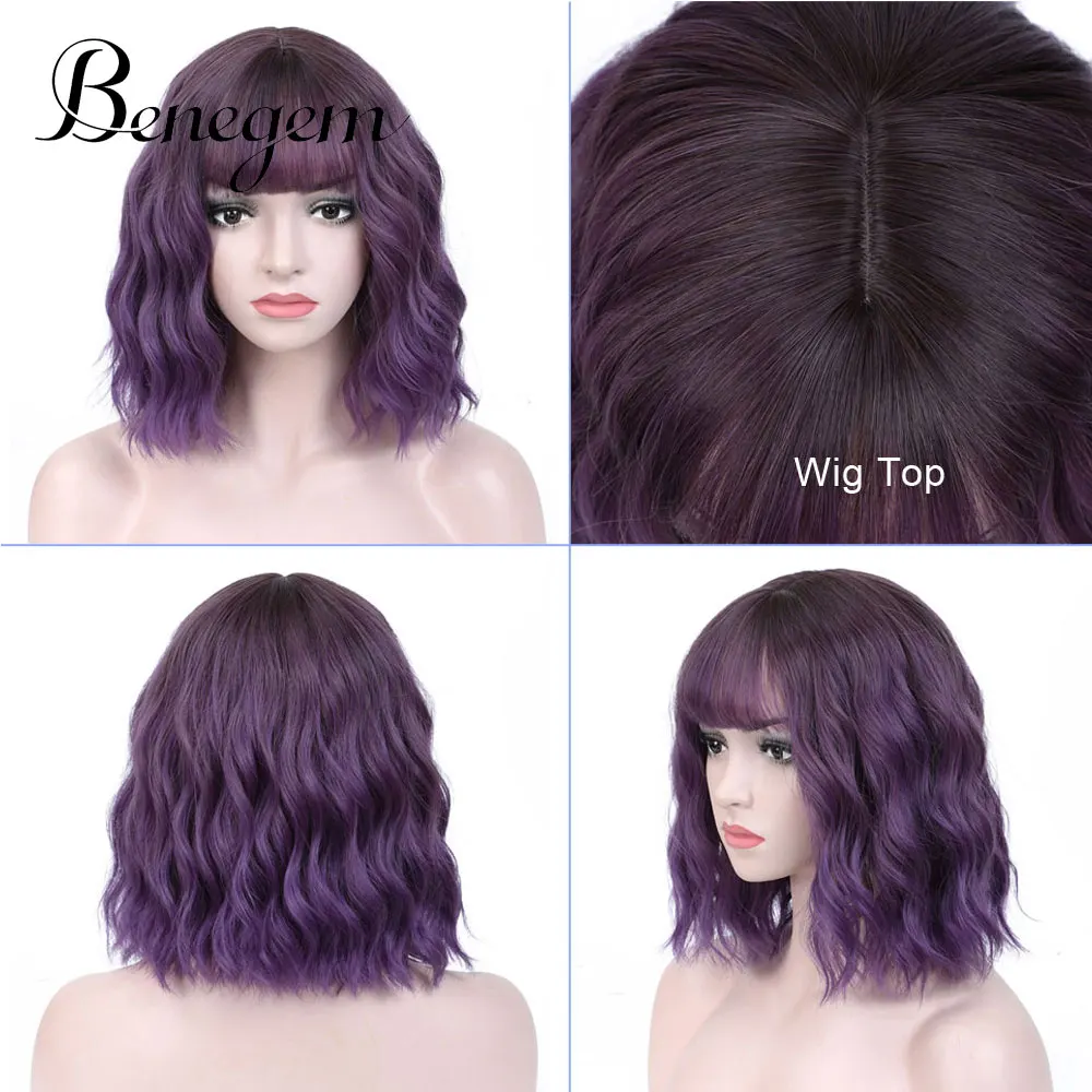 purple Benegem 12 дюймов черный волнистый кудрявый парик с челкой короткий Боб 30 см некружевной Синтетический Косплей Костюм вечерние парики для женщин - Цвет: purple