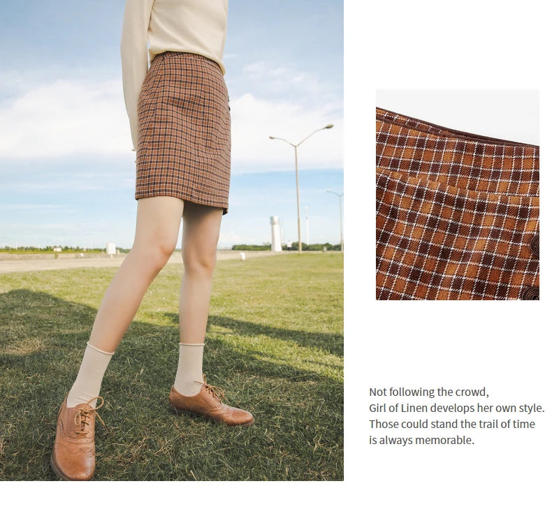 INMAN 2020 Autumn Winter New Arrival Plaid Skirt Literary Zipper A-line Pure Cotton Retro Womens Skirt