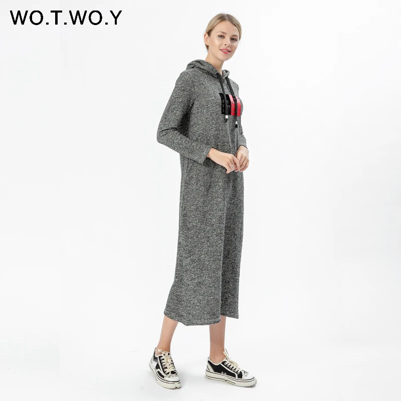 WOTWOY новое осенне-зимнее повседневное толстое платье с капюшоном до середины икры, прямое женское платье с карманами и тиснением, женская одежда с длинным рукавом