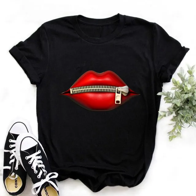 Women Tops O-neck Sexy Black Tees Kiss Lip Funny Summer Female Soft T Shirt Lips Watercolor Graphic T Shirt Top9180 10192-black