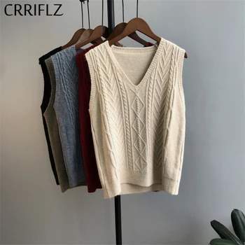 

CRRIFLZ 2020 New Preppy Style Knitted Vest Sweater Women V Neck Sleeveless Pullover Outerwear