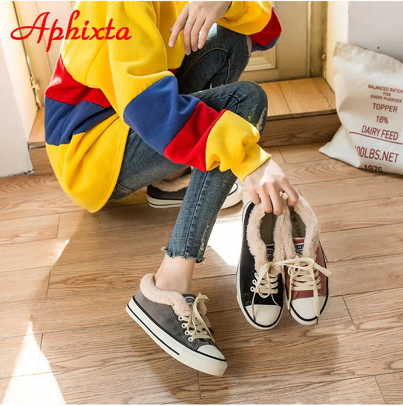 Aphixta Winter Women Flats Vulcanized Sneakers Warm Plush Shoes Woman Canvas Shoes Female Sneakers Fashion Lace Up Shoes