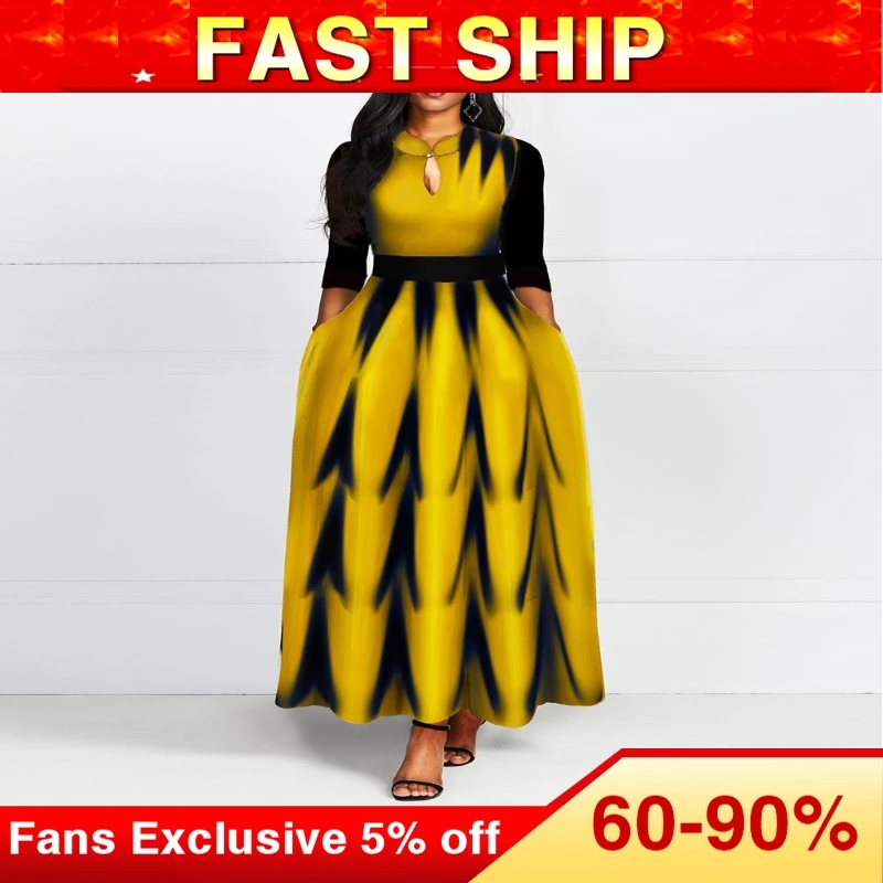 

Yellow Long A Line Dress Elegant African 2020 Spring Print Office Lady Dinner Normal Women Dresses Robe Casual Fashion Vestiods