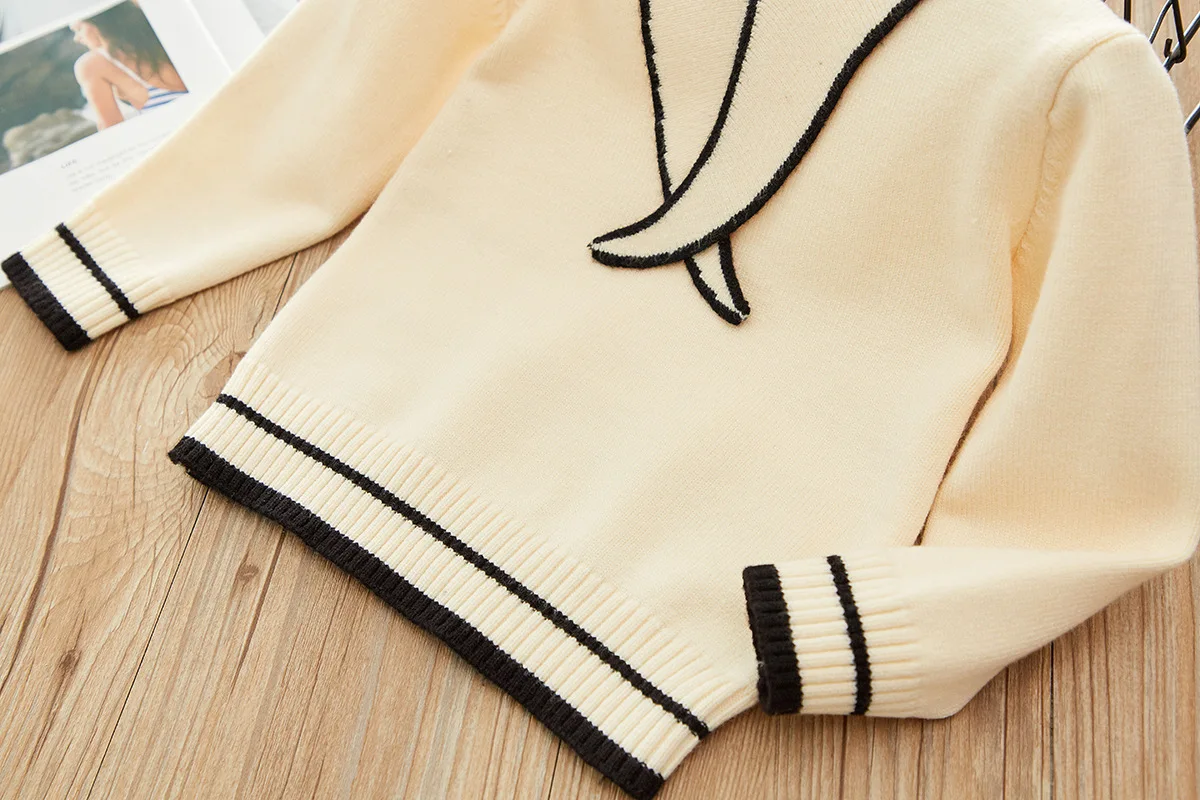 Одежда для маленьких девочек свитер от ветра в студенческом стиле из двух предметов в полоску Зимний толстый теплый свитер, юбка Детский костюм состоящий из юбки и свитера