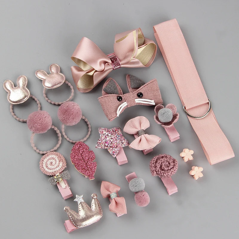 18pcs-1 18 шт. заколки для волос набор милые аксессуары для волос девушки головные уборы лук цветок заколки для волос с фигурками животных лента для волос Мультфильм эластичный головной убор подарок - Цвет: 18pcs-1