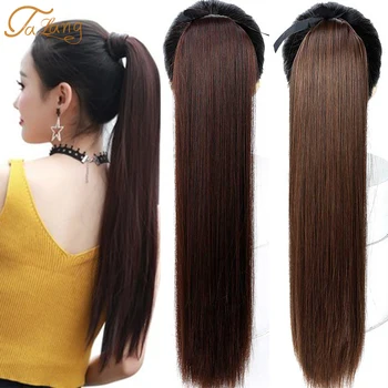 

TALANG Hairpiece Pony Tails Synthetic Drawstring 32" Long Straight Black Brown Fake Ponytails Clip On Ponytail Hair Extension