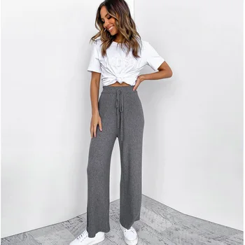 

2020 New Summer Fashion Casual Solid Color Long Trousers Drawstring Design High Waist Thin Wide Leg Pants For Women Streetwear