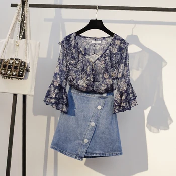

Large Size Skirt Lady 2020 Summer New Loose Print Chiffon Shirt Tops +Denim Skirt Women 2 Piece Sets XL-5XL Skirts Suit Femme