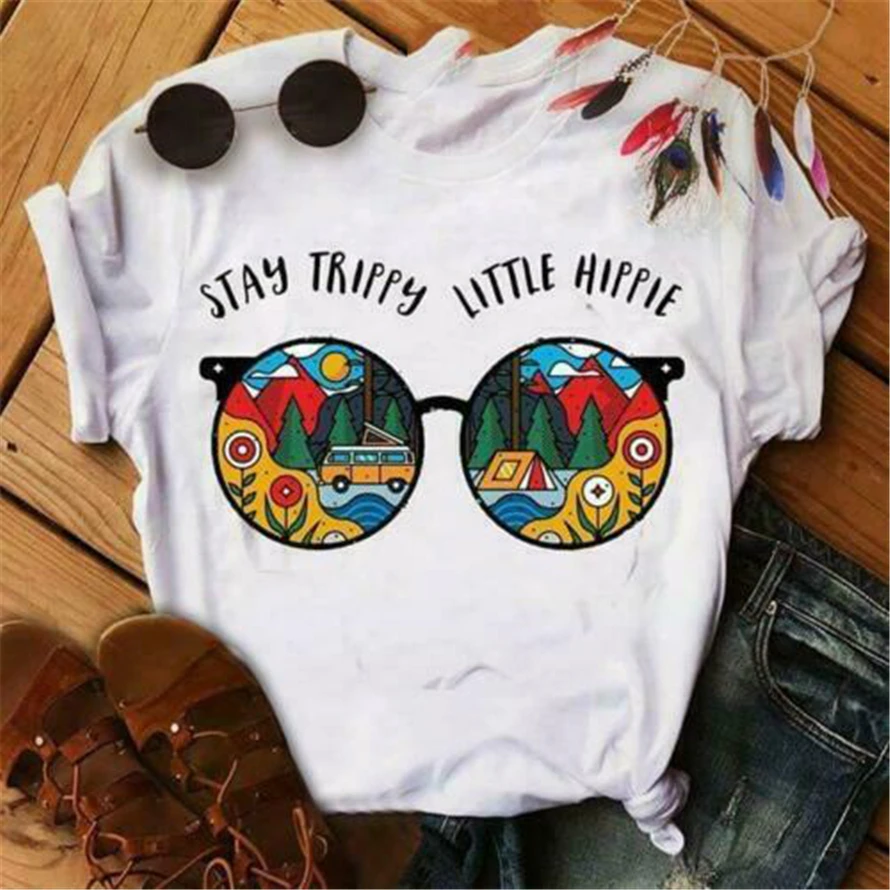 

Glasses Stay Trippy Little Hippie Ladies T-Shirt White Cotton S-3Xl Birthday Gift Tee Shirt