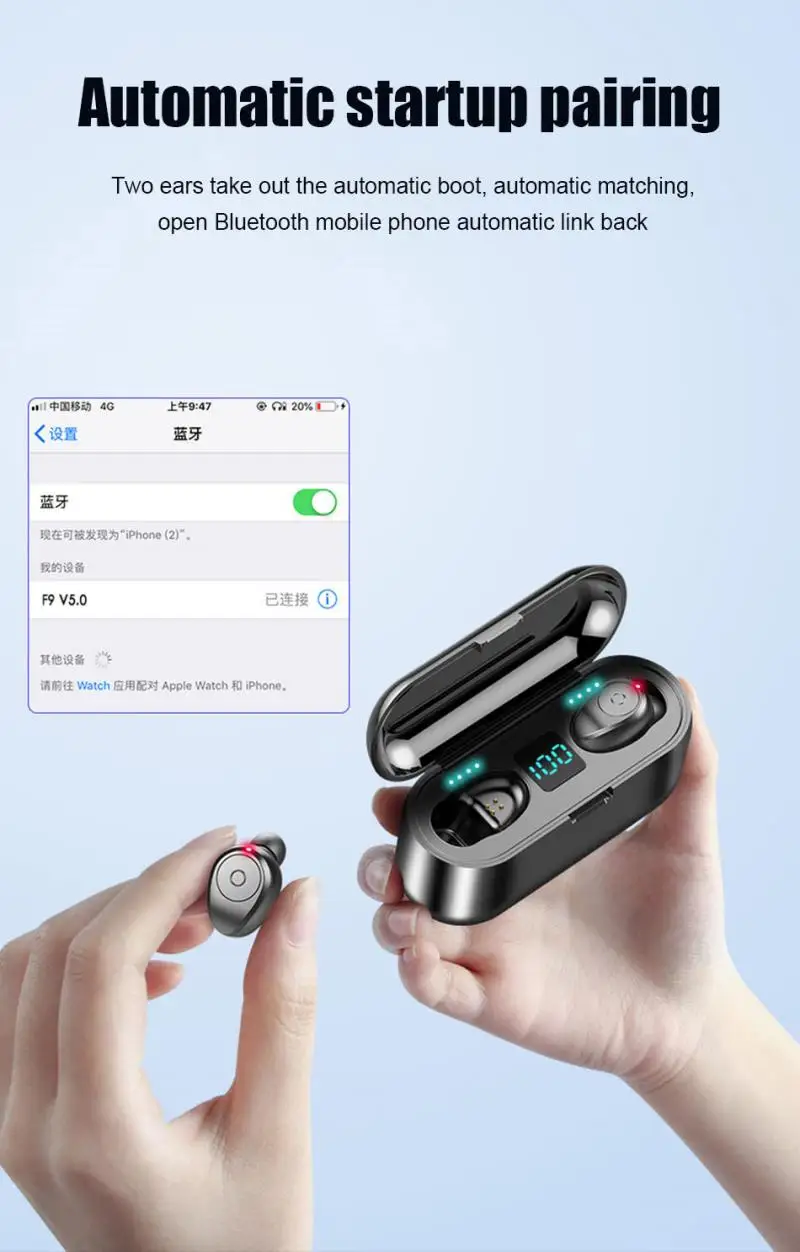 Настоящие беспроводные наушники Bluetooth V5.0 F9 TWS наушники с микрофоном светодиодный дисплей с 2000 мАч power Bank Smart Start