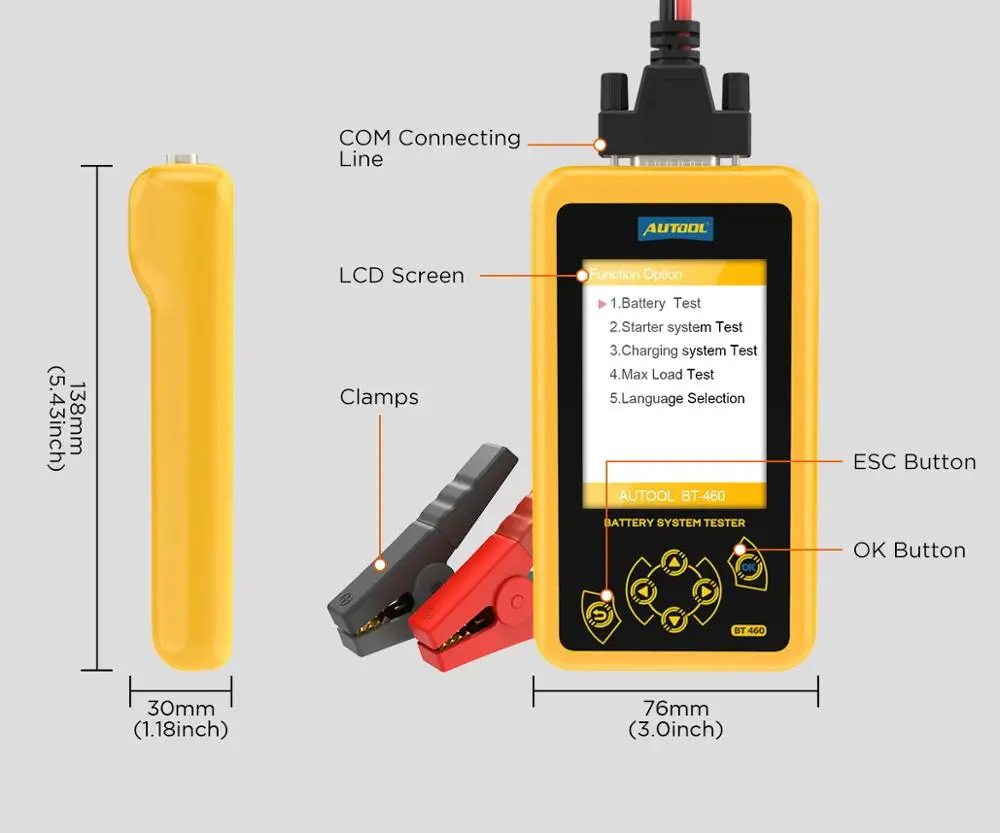 AUTOOL BT460 Car Battery Tester Automobile Battery Analyzer Load Tester Machine Charging Starting Systems 12V 24V