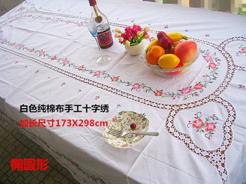 

Fine thread old hand cross stitch tablecloth oval 173x298cm exquisite long