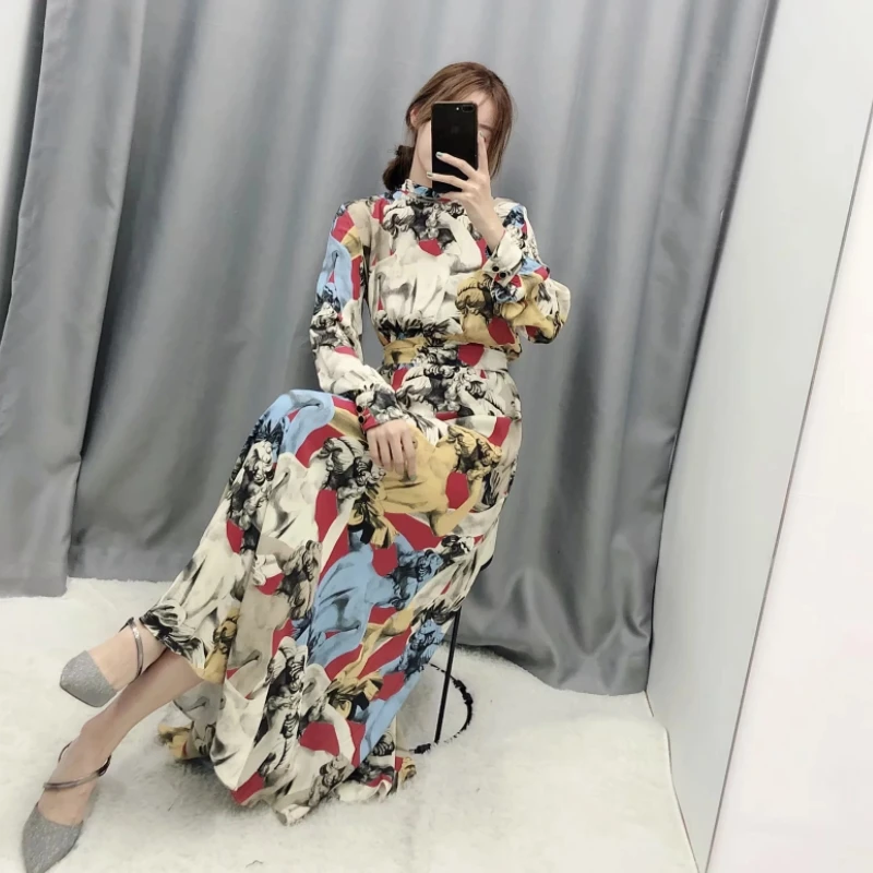 Best New Women vintage contrast color ink painting print casual sashes long Dress ladies stand collar bow tied vestido Dresses DS3047