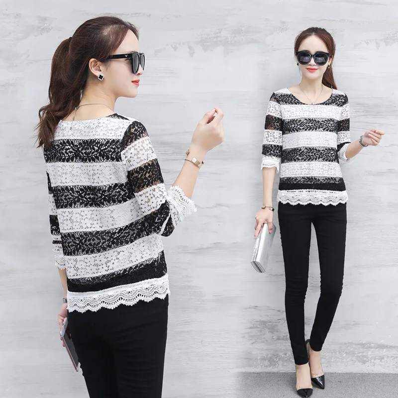 

Hollow out Lace Shirt Women's 2017 New Style summer & autumn zhuang Short Sweater Slimming Base Shirt Spring And Autumn Long Sle