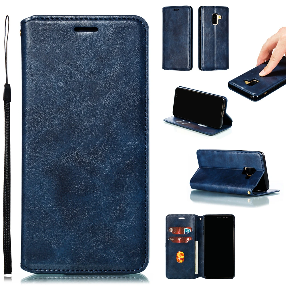 For Samsung Galaxy A8 A7 A6 A5 2018 A750 A530 Case Crazy Horse Pattern PU Leather Strong Suction Closure Wallet Phone Cover | Мобильные