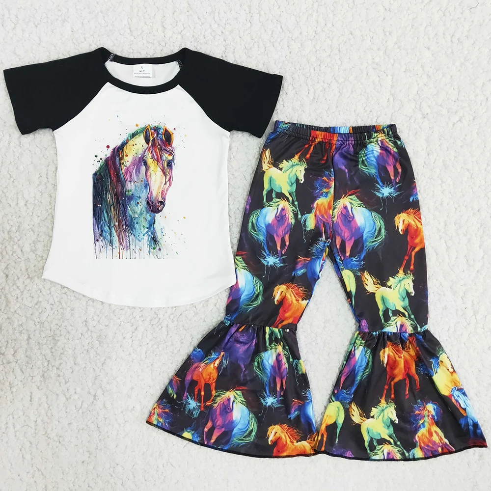 

Western Style Baby Girls Clothes Hot Sale Horse Print Fashion Kids Clothes Girls Boutique Bell Bottom Pants Outfits Wholesale