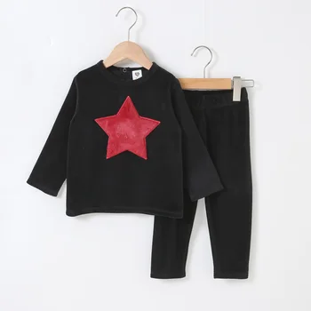 

2020 baby clothes long top and pant set children casual set with star and heart patches kids clothes black color fashion clothes