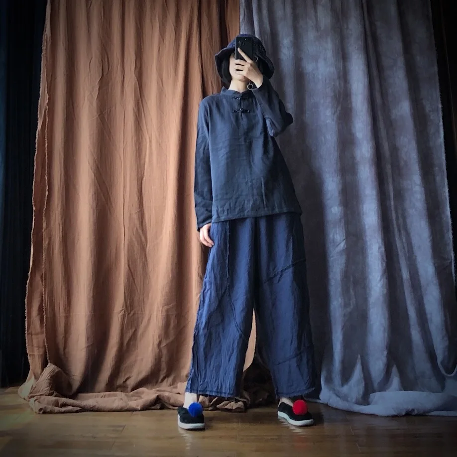 Johnature Patchwork 2020 Autumn New Women Pants Linen Elastic Waist Loose Vintage Ankle-Length Linen Casual Straight Pants