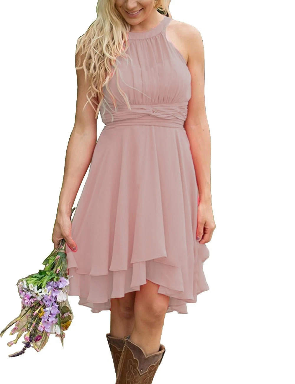 Flesh pink Короткое выпускное платье из шифоновой ткани, висящее на шее платье подружки невесты, платье с поясом для матери, размер XL, платье на заказ - Цвет: Flesh pink