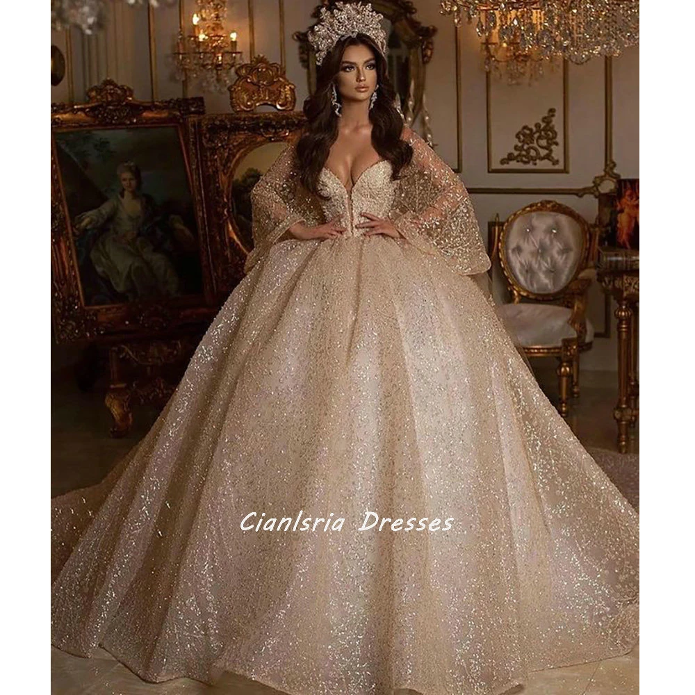 Gold Illusion Long Batwing Sleeve Dubai Ball Gown Wedding Dresses Off The Shoulder Crystal Diamond Saudi Arabic Bridal Gowns pink wedding dress