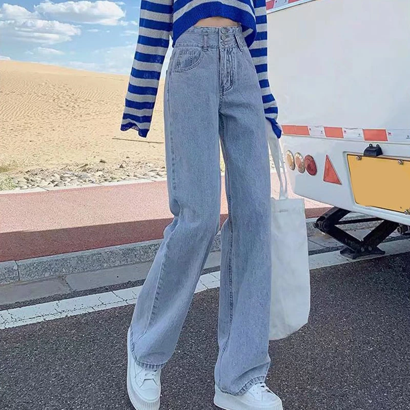 Women's Jeans High Waist Denim 2021 Wide Leg Pants Blue Office Pant Female Vintage Quality Casual Fashion Straight Long Trousers high waisted jeans