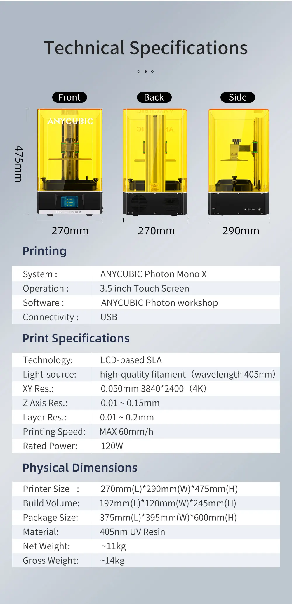 3d Printer ANYCUBIC Photon Mono X 4K 8.9 Inch LCD UV Resin Printers 192*120*250mm High Speed 3D Printing APP Remote Control 3d laser printer