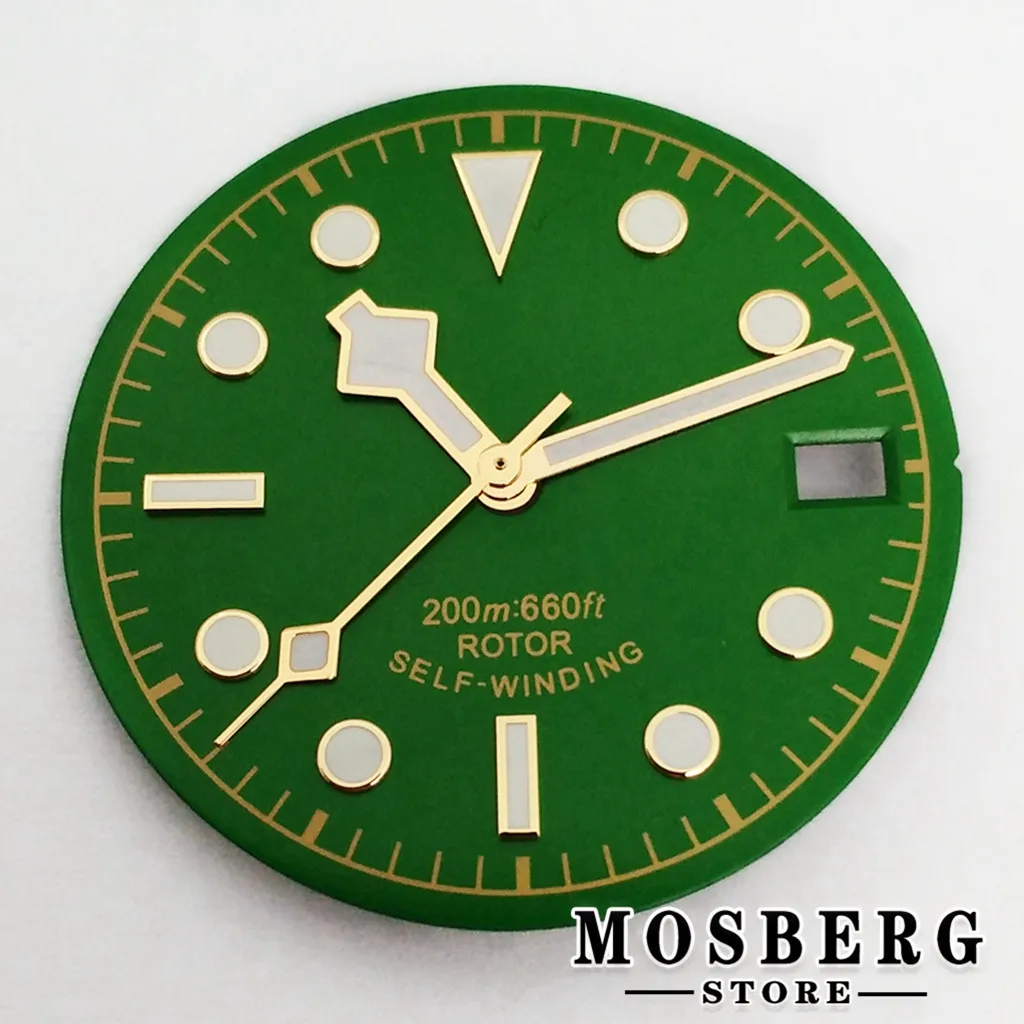 Sterile Luminous Black and Green Watch Dial with Date Window and Hands - 28.5mm