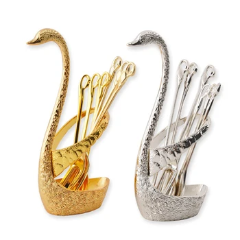 

6Pcs Swan Fruit Base Holder Forks Set Stainless Steel Salad Dessert Forks Coffee Spoon Cake Tableware Zero Waste Flatware